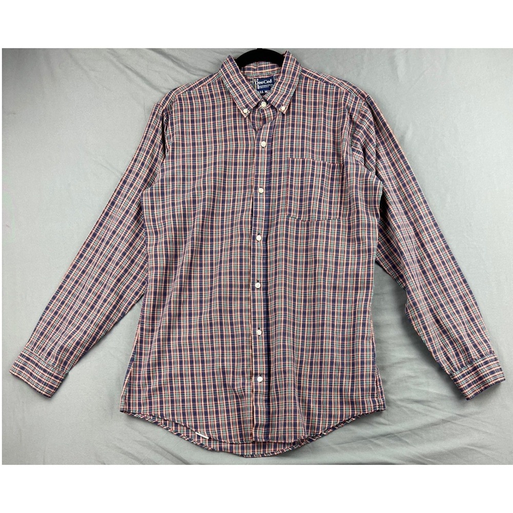 Dee Cee Button Down Shirt Mens Large ***TALL*** Plaid Navy Red Green USA Good